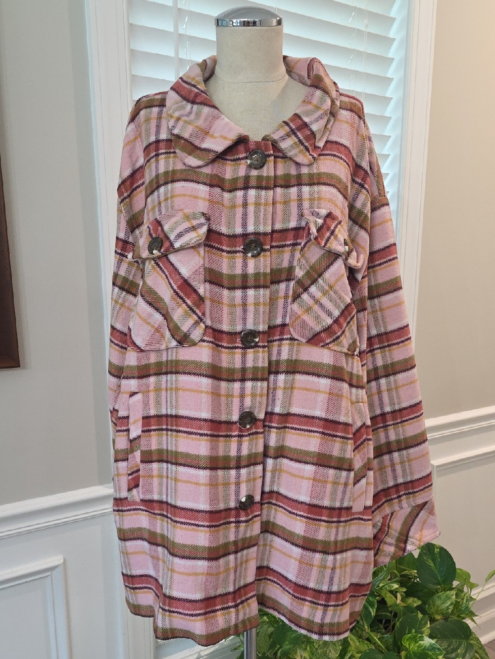 Kensie Pink Plaid Shacket with Brown Buttons